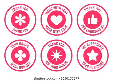 Feito com amor, obrigado por seus adesivos de ordem. Perfeito para pequenas empresas e embalagens de produtos artesanais. Conjunto de rótulos. Gratidão aos clientes. Ideal para lojas on-line, vendedores de artesanato.