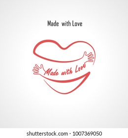 "Made with Love" typographical design elements and Red heart shape with hand embracing.Hugs and Love yourself sign.Health and Heart Care icon.Happy valentines day concept.