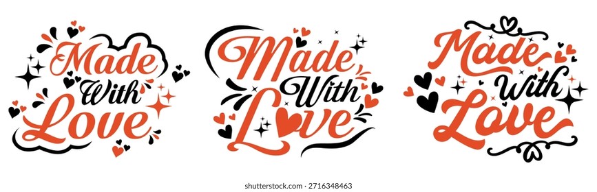 Paquete de tipografía Made With Love con letras de guion dibujadas a mano, corazones y Elementos decorativos, ideal para crear pegatinas, etiquetas, empaques, camisas, vinilo y otros proyectos apasionados.