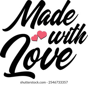 Made with Love typography. . Handwritten script with hearts, Made with Love text. Ideal for expressing care, affection, handmade items, and romantic designs. Vector illustration. 