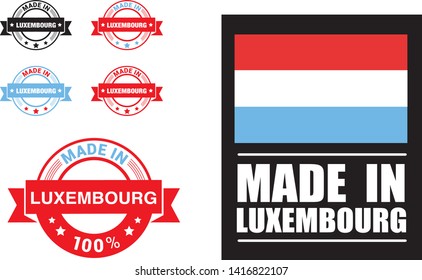 Made in Luxembourg collection of ribbon, label, stickers, badge, icon and page curl with Luxembourg flag symbol. Vector illustration isolated on white background. Grunge rubber stamp with Made in Luxe