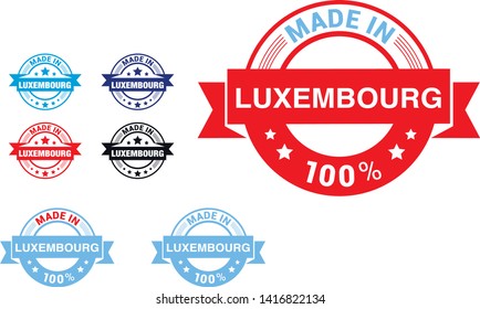 Made in Luxembourg collection of ribbon, label, stickers, badge, icon and page curl with Luxembourg flag symbol. Vector illustration isolated on white background. Grunge rubber stamp with Made in Luxe