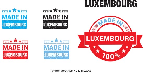 Made in Luxembourg collection of ribbon, label, stickers, badge, icon and page curl with Luxembourg flag symbol. Vector illustration isolated on white background. Grunge rubber stamp with Made in Luxe