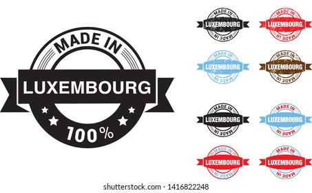 Made in Luxembourg collection of ribbon, label, stickers, badge, icon and page curl with Luxembourg flag symbol. Vector illustration isolated on white background. Grunge rubber stamp with Made in Luxe