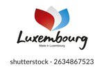 Made in Luxembourg logo, sticker. Abstract Luxembourg flag and ribbon in shape of leaf flower with handwritten typography lettering
