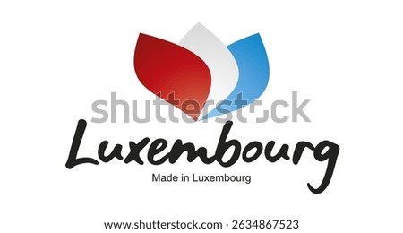 Made in Luxembourg logo, sticker. Abstract Luxembourg flag and ribbon in shape of leaf flower with handwritten typography lettering