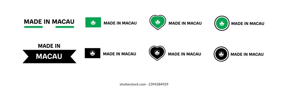 Made in Macau flag icons. Different styles, Made in Macau flag in square, heart, circle icons. Vector icons