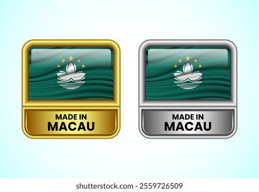 Made in Macau label icon in gold and silver color. Flag icon set for business