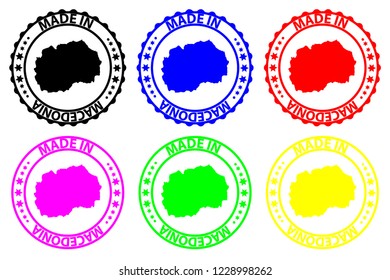 Made in Macedonia - rubber stamp - vector, Macedonia map pattern - black, blue, green, yellow, purple and red