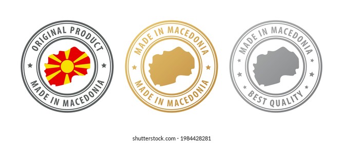 Hecho en Macedonia - conjunto de sellos con mapa y bandera. La mejor calidad. Producto original. Ilustración del vector
