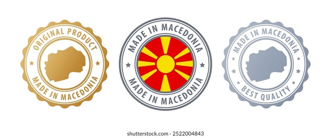 Feito na Macedônia - conjunto de selos com mapa e bandeira. Melhor qualidade. Produto original. Ilustração vetorial