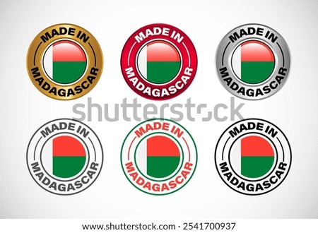 Made in Madagascar label icon with flag. Icon set for business, badge, seal, sticker, logo, and symbol