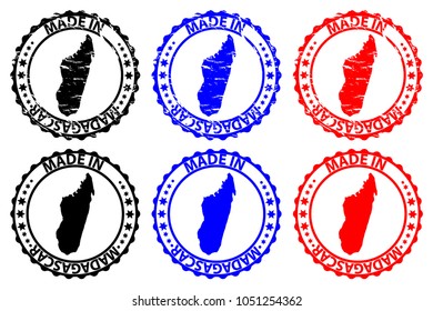 Made in Madagascar - rubber stamp - vector, Madagascar map pattern - black, blue and red