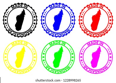 Made in Madagascar - rubber stamp - vector, Madagascar map pattern - black, blue, green, yellow, purple and red