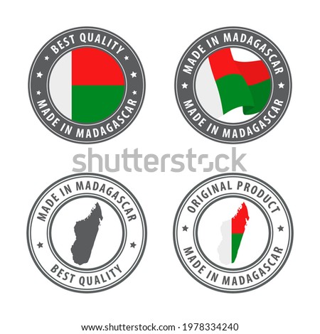 Made in Madagascar - set of labels, stamps, badges, with the Madagascar map and flag. Best quality. Original product. Vector illustration