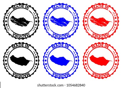 Made in Madeira - rubber stamp - vector, Madeira map pattern - black, blue and red