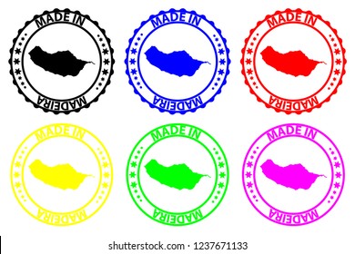 Made in Madeira - rubber stamp - vector, Madeira map pattern - black, blue, green, yellow, purple and red