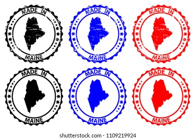 Made in Maine - rubber stamp - vector, Maine (United States of America) map pattern - black, blue  and red