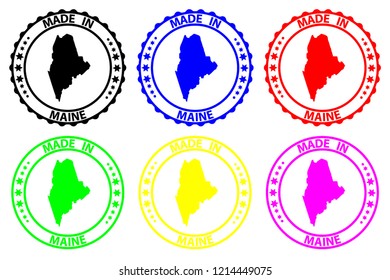Made in Maine - rubber stamp - vector, Maine (United States of America) map pattern - black, blue, green, yellow, purple  and red
