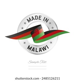 Made in Malawi. Malawi flag ribbon with circle silver ring seal stamp icon. Malawi sign label vector isolated on white background