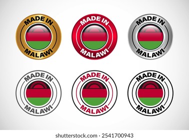 Ícone do rótulo Feito no Malawi com bandeira. Conjunto de ícones para empresa, selo, selo, adesivo, logotipo e símbolo