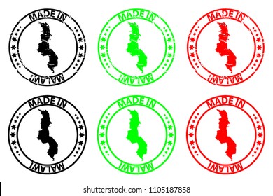 Made in Malawi - rubber stamp - vector, Malawi map pattern - black, green and red