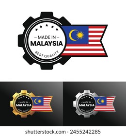 Made in Malaysia with gear and flag design. For banner, stamp, sticker, icon, logo, symbol, label, badge, seal, sign. Vector Illustration