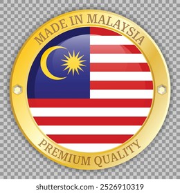 Made in Malaysia gold label. Premium quality badge on checkered background. Vector icon with shadow underneath