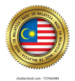 Made in Malaysia golden badge with the flag symbol of Malaysian flag in the center. Vector illustration isolated on white background.