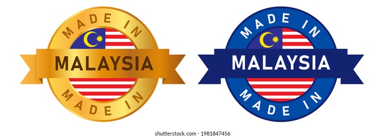 Made in Malaysia label stamp for product manufactured by Malaysian company seal golden ribbon and flag