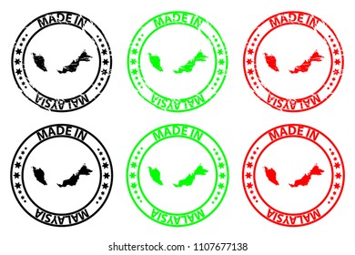 Made in Malaysia - rubber stamp - vector, Malaysia map pattern - black, green and red