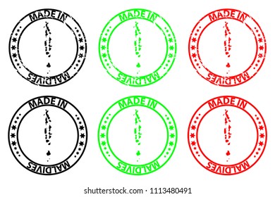 Made in Maldives - rubber stamp - vector, Republic of Maldives map pattern - black, green and red