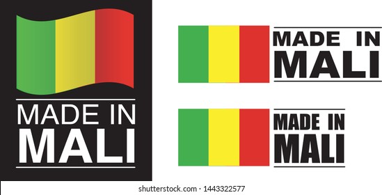 Made in Mali collection of ribbon, label, stickers, badge, icon and page curl with Mali  flag symbol. Vector illustration isolated on white background.  Stamp with Made in Mali  text.