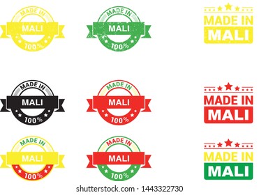Made in Mali collection of ribbon, label, stickers, badge, icon and page curl with Mali  flag symbol. Vector illustration isolated on white background.  Stamp with Made in Mali  text.