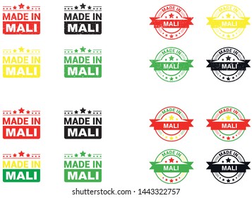 Made in Mali collection of ribbon, label, stickers, badge, icon and page curl with Mali  flag symbol. Vector illustration isolated on white background.  Stamp with Made in Mali  text.