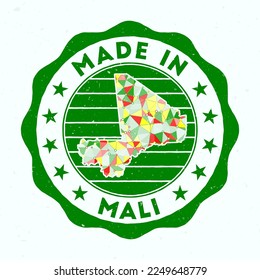 Made In Mali. Country round stamp. Seal of Mali with border shape. Vintage badge with circular text and stars. Vector illustration.