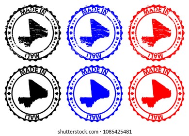Made in Mali - rubber stamp - vector, Mali map pattern - black, blue and red