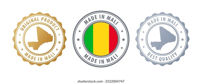 Made in Mali - set of stamps with map and flag. Best quality. Original product. Vector illustration