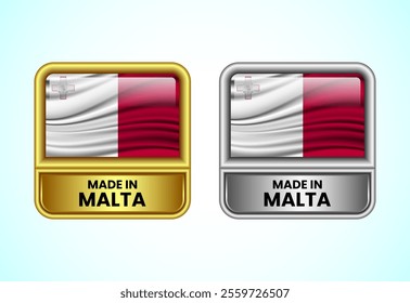 Made in Malta label icon in gold and silver color. Flag icon set for business