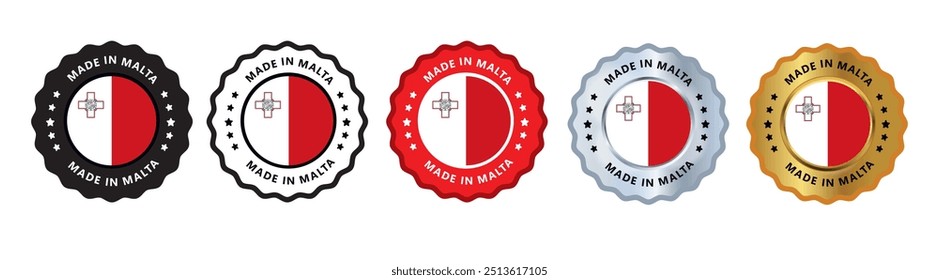 Hecho en malta conjunto de insignia de sello de signo, con color variante rojo, plateado, dorado, negro adecuado para productos fabricados, militares, agricultura o Ilustración vectorial alimentaria eps texto editable