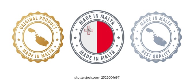 Hecho en Malta - conjunto de sellos con mapa y bandera. La mejor calidad. Producto original. Ilustración vectorial