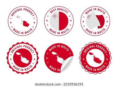 Made in Malta - set of stamps and stickers with map and flag. Best quality. Original product. Vector illustration.