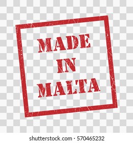 made in Malta text rubber seal stamp watermark. Caption inside rounded rectangular banner with grunge design and dirty texture. Slanted vector ink sticker on transparent background