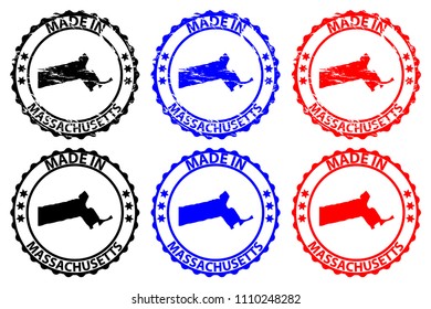 Made in Massachusetts - rubber stamp - vector, Massachusetts (United States of America) map pattern - black, blue and red