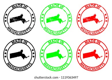 Made in Massachusetts - rubber stamp - vector, Massachusetts (United States of America) map pattern - black, blue and red
