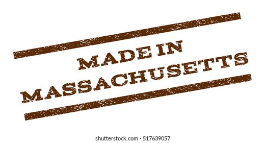 Made In Massachusetts watermark stamp. Text caption between parallel lines with grunge design style. Rubber seal stamp with dirty texture. Vector brown color ink imprint on a white background.
