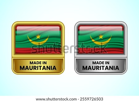 Made in Mauritania label icon in gold and silver color. Flag icon set for business