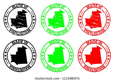 Made in Mauritania - rubber stamp - vector, Mauritania map pattern - black, green and red