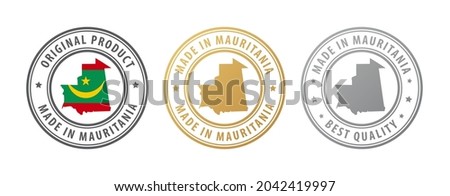 Made in Mauritania - set of stamps with map and flag. Best quality. Original product. Vector illustration