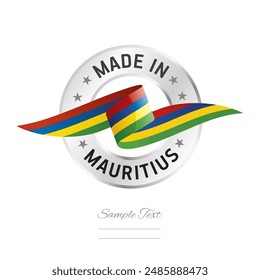 Made in Mauritius. Mauritius flag ribbon with circle silver ring seal stamp icon. Mauritius sign label vector isolated on white background